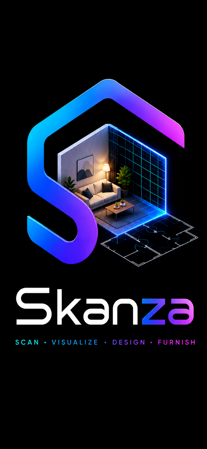 Skanza app visual showing a 3D room scan with cyan and purple LiDAR grid
