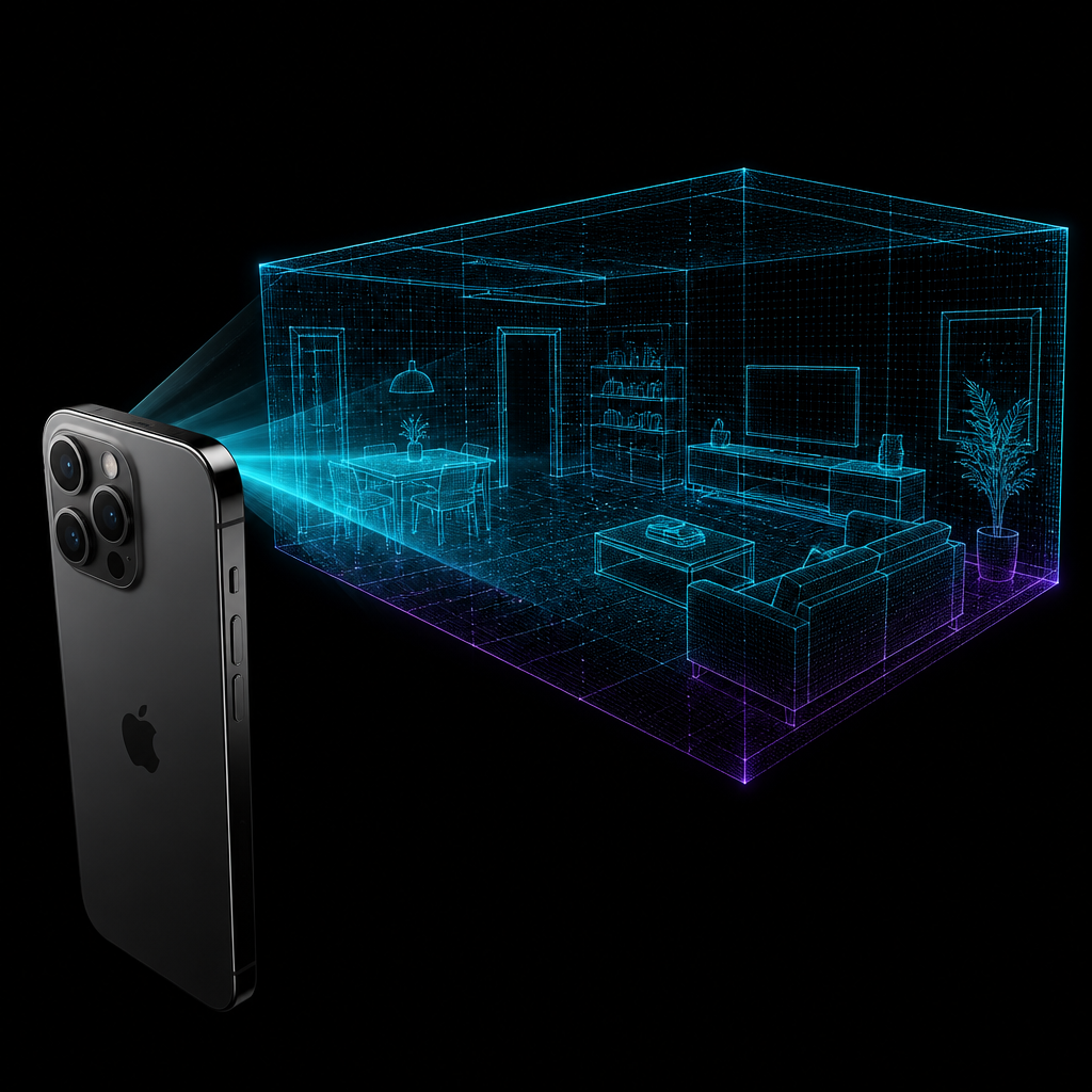 iPhone projecting a cyan LiDAR wireframe scan of a living room